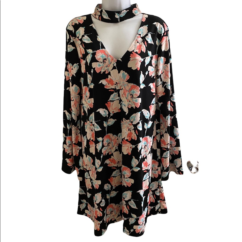 Kaari Blue floral mock neck dress Medium